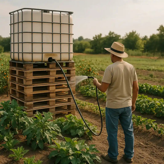 Uomo che annaffia l’orto con un tubo collegato a una cisterna IBC rialzata su pallet, con filari di pomodori, zucchine e melanzane ben irrigati.