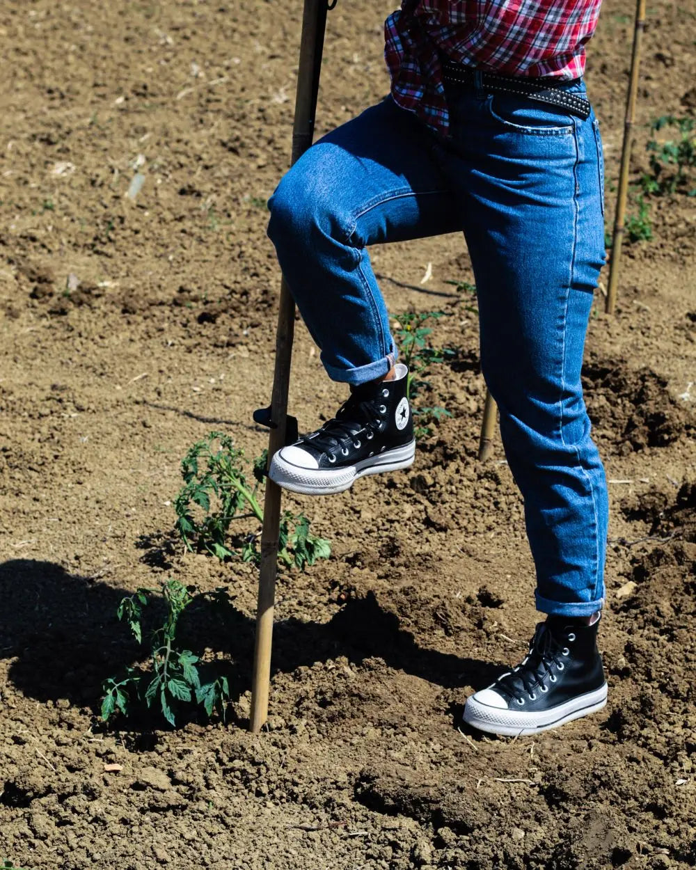Come usare il piantacanne TechOrto: spinta con il piede sul pedale per inserire il tutore nel terreno senza fatica.