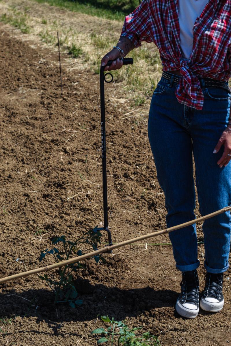 Dettaglio del Piantacanne TechOrto durante l’uso