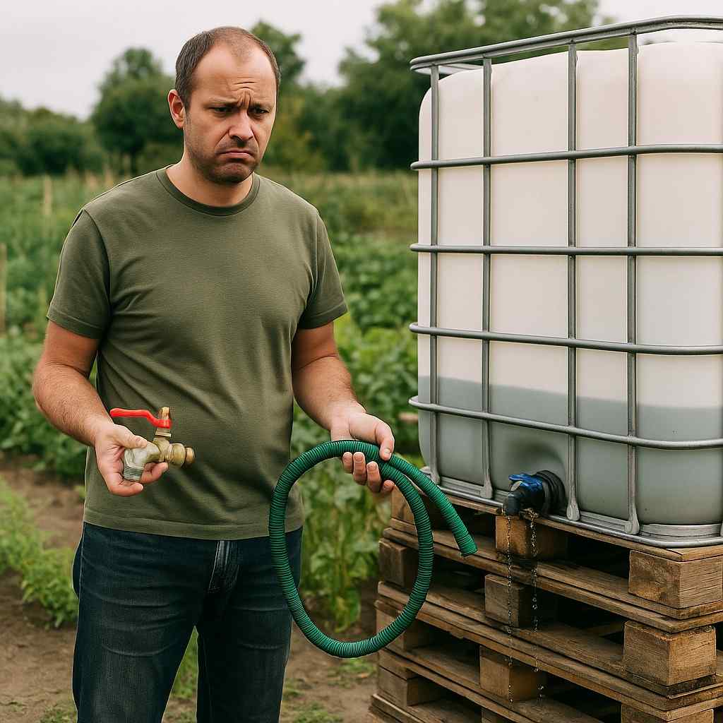 Collegare una cisterna IBC con adattatori improvvisati causa perdite e sprechi d’acqua