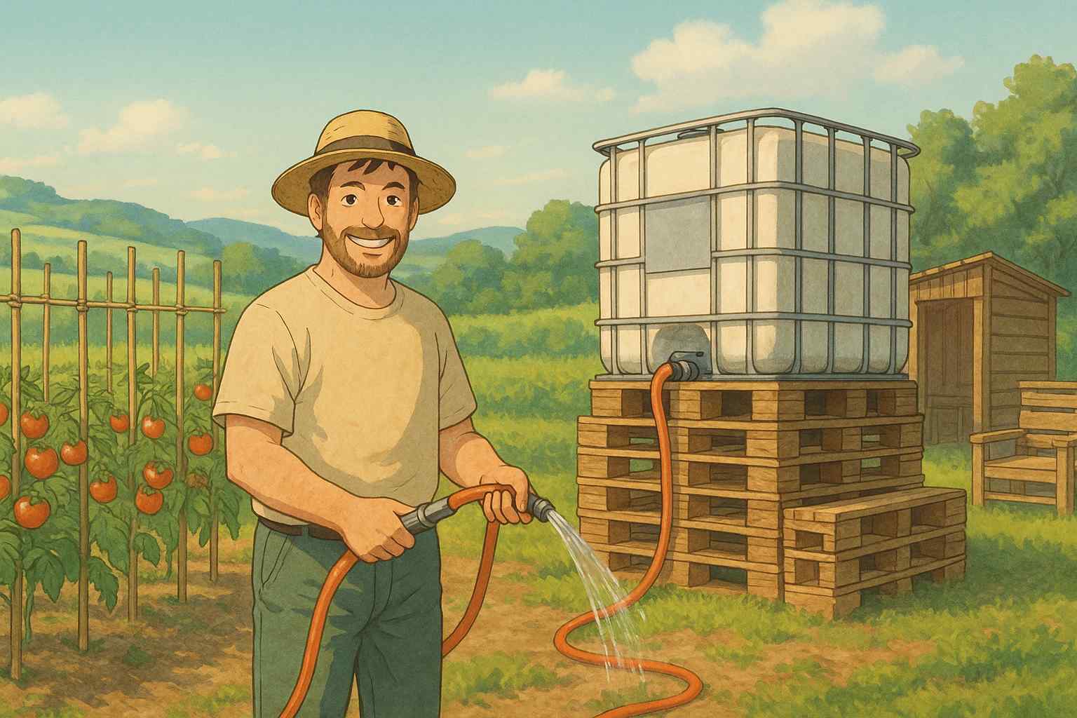 Illustrazione in stile Ghibli di un uomo sorridente nell’orto mentre annaffia le piante con una gomma da irrigazione.